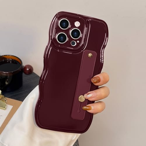 LAPOPNUT for iPhone 14 Pro Case With Wrist Strap,Adjustable Wristband Finger Holder Kickstand Phone Case for Women Girls,Cute Curly Wave Frame Shape TPU Cover for iPhone 14 Pro 6.1,Wine Red
