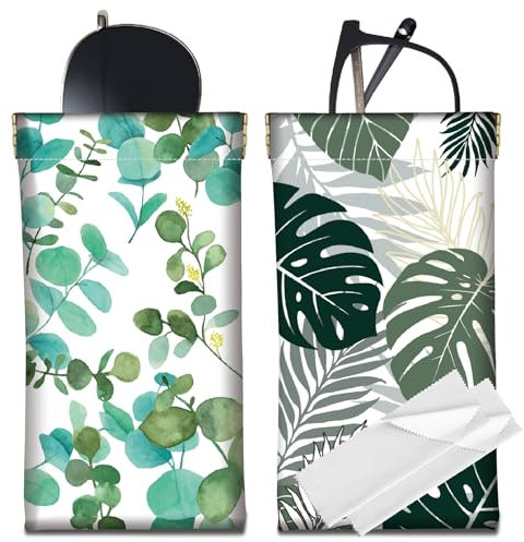 CREATCABIN 2Pcs Leather Slim Glasses Case Portable Soft Sunglasses Case Bag Squeeze Top Eyeglasses Holder Pouch Travel Waterproof with Cleaning Cloth Gift for Women Men Monstera Eucalyptus 7x3.5 Inch