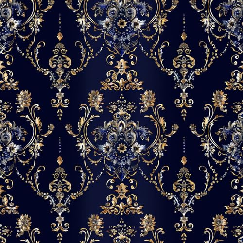 JIAOQSS Peel and Stick Wallpaper Damask Dark Blue Gold Self Adhesive Wallpaper Thick Vinyl Wrap Waterproof Retro Removable Living Room Bedroom