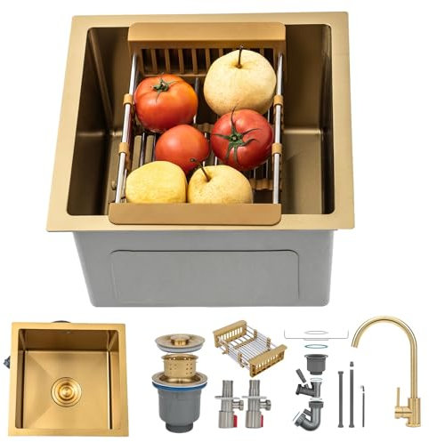38x38cm Fregadero De Cocina De Acero Inoxidable oro, Un Seno Con Grifo, Instalación Bajo Encimera O Sobre Encimera, Con Sifón Y Filtro De Drenaje, Fácil De Limpiar, Resistente Y Apto Para Cocina, Bar