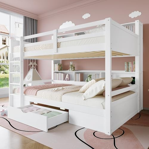 Rvjiahe Etagenbetten 90x200cm Etagenbetten für Kinder, mit Schubladen, mit Stauraum, Einzelbetten ohne Matratze (Weiß, 90x200cm)