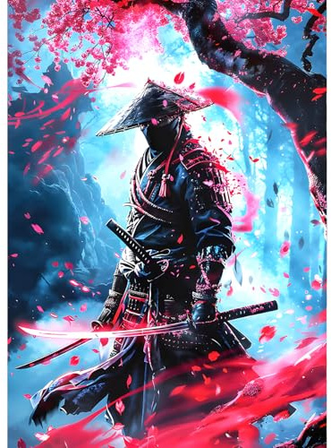 QINRUBB DIY Japanische Ninja Diamant Painting Bilder Anfänger, 5D Samurai Diamond Painting Erwachsene, Runder Vollbohrer Fantasie Diamant Kunst Kits Kreuzstich Traumland Home Wand Dekor 30x40 cm