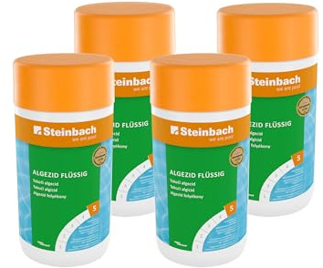 Steinbach Poolpflege Algezid flüssig – 0753501TS04 – 4x1 L – Schaumfrei & hochkonzentriert/Verhindert Algenwachstum & entfernt Trübstoffe/Für klares Wasser mit Langzeitwirkung
