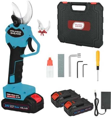 Electric Pruning Shears, Cordless Secateurs Battery Professional Branch Cutter with 2PCS Battery, MAX 40mm Cutting Diameter Electric Scissors for Gardens Tree Branches