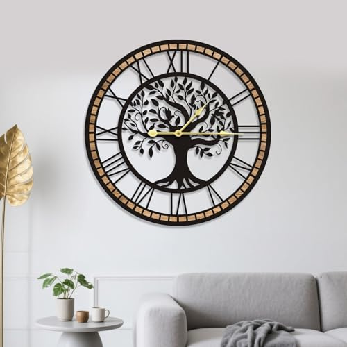 Runde Dekorative Wanduhr mit Lebensbaum Muster, Schlichte Retro-Wanduhr | Wanduhr aus Metall und Holz mit Römischen Ziffern, Geräuschloses Ticken, Geeignet für Wohnzimmer Schlafzimmer Arbeitszimmer