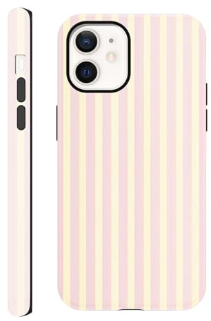 Yirlbey 2 in 1 Été Coque pour iPhone 12 Pro / 12 6,1, Aesthetic Rose Jaune Stripes Striped Motif Dessin Étui Silicone Fine TPU pour Femmes Filles Antichoc Housse Protection Cover, Anti-Rayures Case