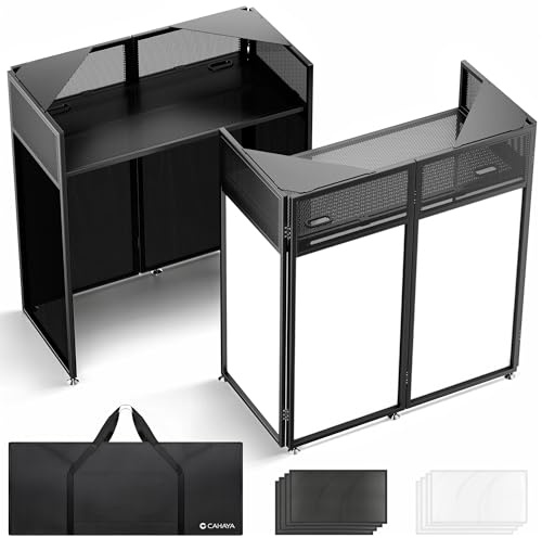 CAHAYA Tavolo DJ Portatile con Montaggio Facile per Matrimoni Feste Eventi | Stand DJ, DJ Booth, spazio 104x52 cm, struttura stabile, gestione cavi, coperture nere e bianche, borsa 600D