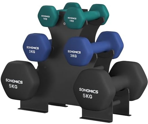 SONGMICS Kurzhantel Set, Hexagon, mit Hantelständer, 2 x 1 kg, 2 x 3 kg, 2 x 5 kg, mattes Finish, Neopren-Beschichtung, Krafttraining, zu Hause