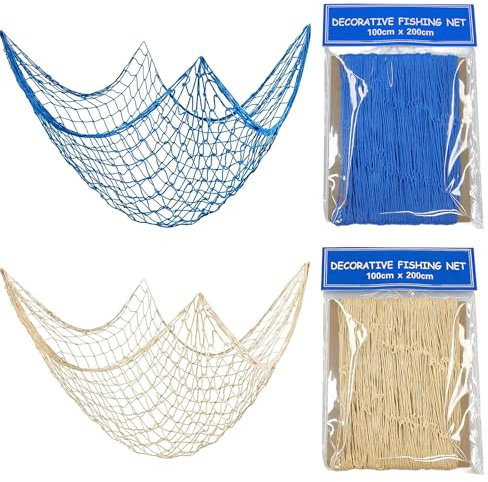 AABDTYYD 2 Stück Fischernetz Deko in Weiß und Blau, Maritime Deko Netz Wandbehang für Piraten-Party, Meerjungfrau-Feier, Fotowand Hintergrund und Tischdeko, Nautische Zimmerdekoration