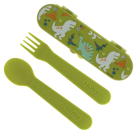 Nuby Toddler Utensils with Travel Case – Self-Feeding Fork & Spoon Set for Kids, Easy-to-Hold Training Utensils with Rounded Safe Edges, Bright Colors & Fun Patterns for Independent Mealtime, Dinosaur