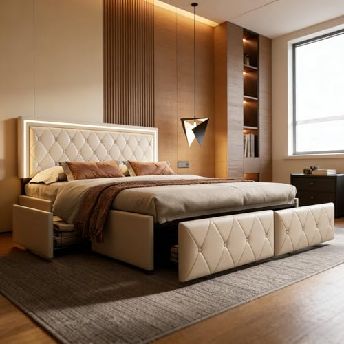 BRILVERDE Polsterbett 140x200 mit LED, Doppelbett mit Verstellbares Kopfteil, Stauraumbett mit 4 Schubladen, Jugendbett Bettgestell, für Erwachsene, PU(Beige, 140 x 200 cm)
