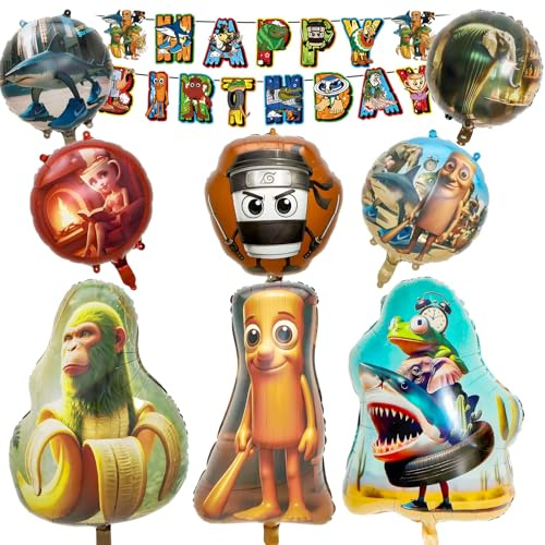 9 Stück Tung Tung Sahur Helium Luftballons,Geburtstag Party Dekoration, Brain-rot Geburtstagsdeko Cartoon Geburtstagsballon Folienballons Party Supplies mit Happy Birthday Banner für Kinder