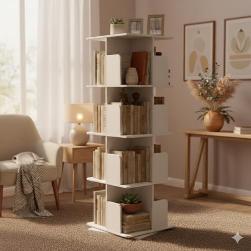 HAGO24 | Drehbares Bücherregal 360° | Standregal | Drehregal | 4 Ebenen | weiß matt | 40x124cm | Buchstützen | platzsparend