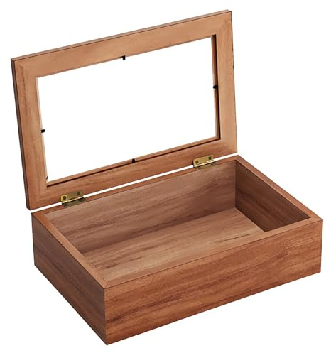 Dolltobe Caja de recuerdos de madera con marco de fotos, tapa con bisagras, 30 x 20 x 7 cm, caja de almacenamiento de madera de pino, sin pintar