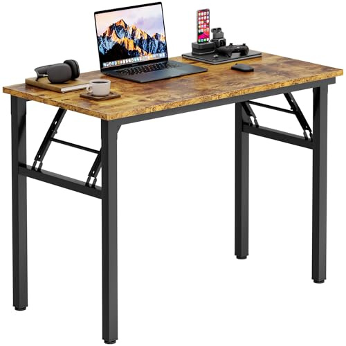 Need Office Computer Desk 35.8 Inch Sturdy Folding Laptop Table Retro | Black Frame Writing Gaming Work Table/Foldable Home Office Desk/Sewing Table, No Assembly Required