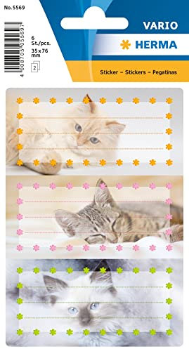 HERMA 5569 Buchetiketten zum Beschriften Katzen, 6 Stück, 76 x 35 mm, selbstklebend, liniert, Buchaufkleber für Schule Kinder Mädchen Jungen, mehrfarbige Heftetiketten Aufkleber, bunt