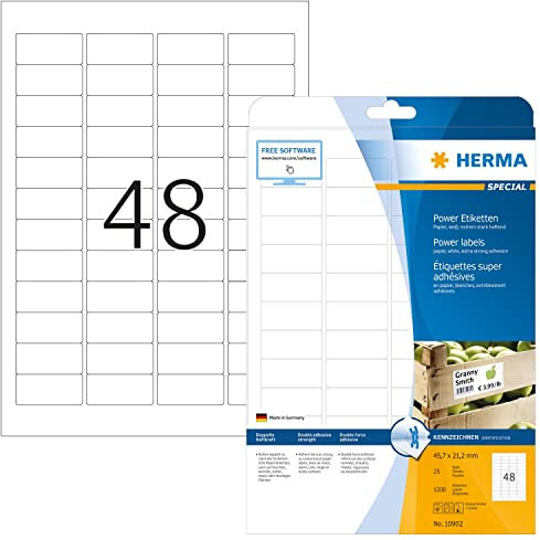 HERMA 10902 Power Etiketten, 25 Blatt, 45,7 x 21,2 mm, 48 pro A4 Bogen, 1200 Stück, selbstklebend, bedruckbar, extrem stark haftend, blanko Papier Klebeetiketten Aufkleber, weiß