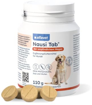Alfavet Nausi Tab Kautabletten für Hunde - Beruhigung für Magen & Nerven | Schonendes Ergänzungsfuttermittel mit Ingwer, Kamille & Fenchel zur Unterstützung bei Stress und Reisen, 110g Dose