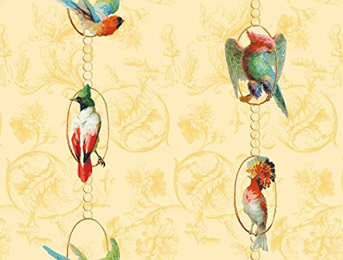 gelbe, sonnige Vintage Paradies Vogel Tapete Birds on a string mit Papageien auf Barock Muster - Vlies Tapete Ornamente Tiere Streifen - Klassische GMM Wandtapete(Muster 20 x 46,5cm)