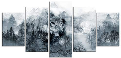 decomonkey - Impression sur Toile Montagnes Animau 200x100 5 Pièces - Tableau Décoration Appartement Cadre en Bois Déco Salon Peinture sur Toile Maison Des arbres montagnes forêt loups animaux