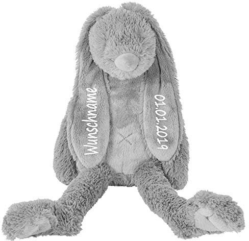 Elefantasie Stofftier Hase mit Namen und Geburtsdatum personalisiert Geschenk 30cm grau
