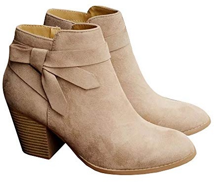 PiePieBuy Women's Tie Knot Chelsea Pump Ankle Boots Closed Toe Stacked Heel Booties Shoes,Beige, Size 7