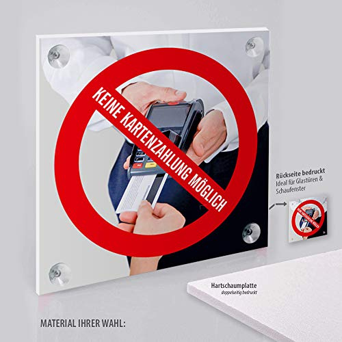 Schild: Keine Kartenzahlung möglich, Nur Barzahlung, doppelseitig bedruckt, 15x15 cm PVC inkl. 4 Bohrungen & Saugnäpfe