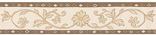 Landhaus Tapetenbordüre aus Papier und Vinyl | Blumen Tapeten Bordüre in Beige und Braun | Mediterrane Tapetenborte mit Raute für Küche und Flur