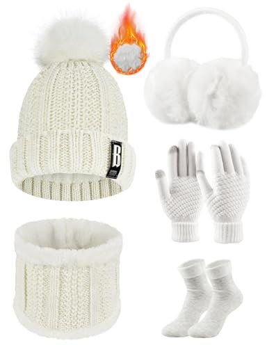 Voqeen Bonnet Femme Hiver, écharpes, Cache-oreilles, Gants, Chaussettes, Accessoires Chauds Vêtements de Ski en Plein Air Pour la Famille,Blanc,Taille unique