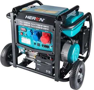 Heron Stromgenerator Benzin 17PS I 8,2 kW / 10,25 kVA (400V) & 6,5kW (230V) I Stromerzeuger mit 28L Tank, Fahrgestell & Elektrostarter I mobiles Stromaggregat mit AVR-System