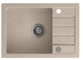 VBChome Spülbecken 62 x 44 cm Beige Spüle Einzelbecken Küche Einbauspüle Verbundspüle Küchenspüle gesprenkelt flächenbündig Siphon Waschbecken