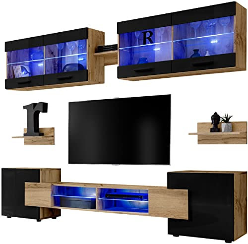 ExtremeFurniture Extreme Furniture Vision Ensemble Meuble TV Mural de Salon | 2 vitrines suspendues, 3 étagères murales et 1 Meuble TV | LED | Pratique de Rangement, Façade en Noir Brilant
