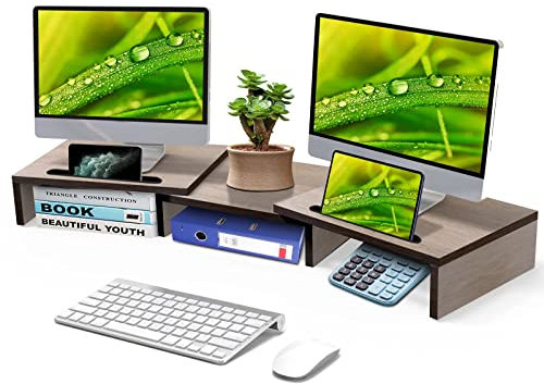 Bueuwe Dual Monitor Stand, Bamboo Monitor Riser with Adjustable Length And Swivel Angle, 3 Tier Desk Stand for Office Storage, Desk Organizer, Retractable,B ancient oak grain