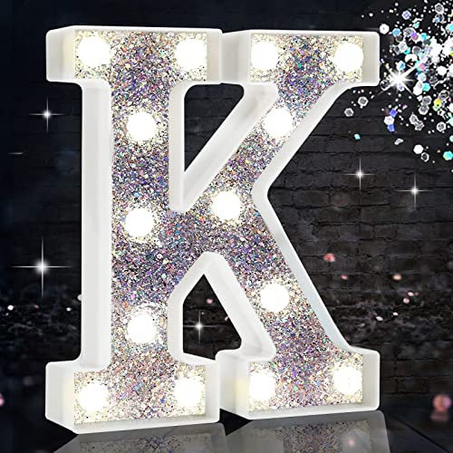 LED Marquee Letter Lights, Light Up Silver Letters for Bedroom Glitter Gifts for Teenage Girls Alphabet Letter Sign Battery Powered Night Light Birthday Party Wedding Home Decoration, Silver Letter K