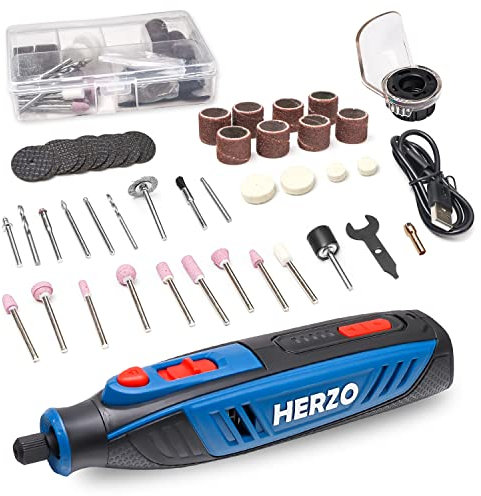Strumento Multifunzione, HERZO 4V Mini Trapano Elettrico Rotativo Senza Fili, 5 Velocità, Utensile Rotante Kit con 53 Accessori, per Taglio, Levigatura, Lucidatura, Intaglio