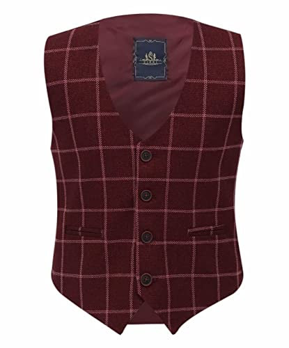Garçons Tweed Fenêtre Carreaux Marron-Bourgogne Gilet Coton Slim Fit Rétro Smart Casual Dress Single Breasted Vest Taille 14 années