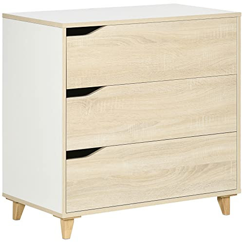 HOMCOM Commode avec 3 tiroirs Meuble de Rangement Bicolore Blanc et Aspect Bois - 75 x 42 x 75 cm