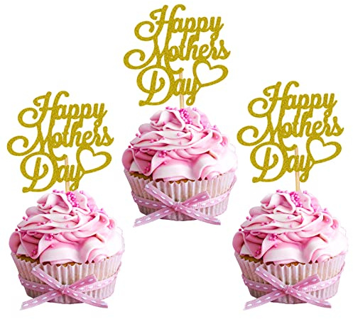 Jc.upin 12 Pcs Gold Mother's Day Cake Toppers with Love Heart for Best Mom