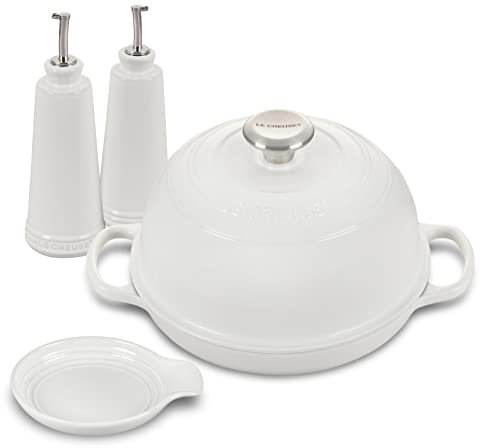 Le Creuset Brotbackofen, emailliertes Gusseisen, mit Öl- und Essig-Set und Löffelablage, Weiß