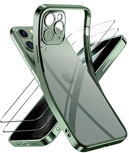 Niphabe Handyhülle für iPhone 11 Pro Max Hülle mit Kameraschutz, Original Silikon mit 2 Hartglas Schutzfolie, Niemals Gelb Ultra Dünn Clear Schutzhülle für iPhone 11 Pro Max 6.5'' Grün