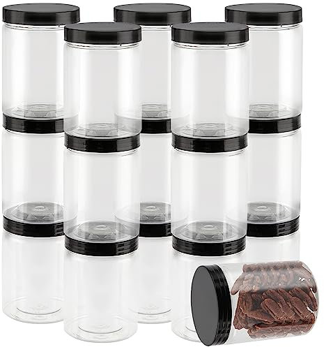 ZEONHEI 16 Pack 450ml Plastic Jars with Black Lids, 15oz Small Refillable Clear Plastic Containers, Round Empty Leak-Proof Storage Spice Jars for Slime Making Kitchen Travel DIY Cosmetic Crafts