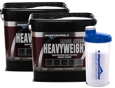 Boditronics Mass Attack Heavyweight Mass Gainer Powder with Free Shaker, High Protein and High Calorie Weight Gainer Protein Powder with 5g Creatine, BCAA, Glutamine and Beta Alanine(Milk Chocolate)