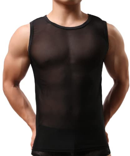 HSQSMWJ Camiseta Mangas Rejilla para Hombre Tirantes Malla Chaleco sin Transparente(Color:Black,Size:XL)