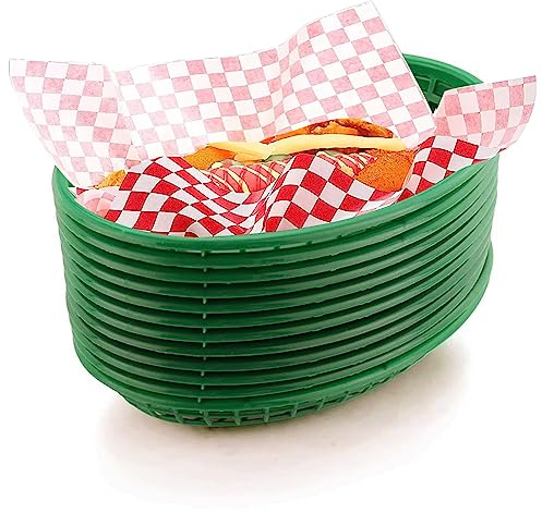 FEOOWV Lot de 12 paniers de restauration rapide de style rétro et doublure à carreaux (100 pièces) - Passe au lave-vaisselle - Carrés de papier jetables pour un nettoyage facile (vert)