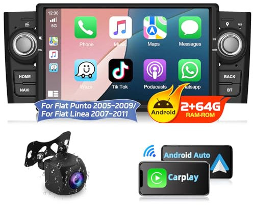 Podofo 2+64G Autoradio Stereo für FIAT Punto 2005-2009, Radio für FIAT Linea 2007-2011 mit Carplay Android Auto,7-Zoll Touchscreen Car Radio mit Bluetooth,SWC+Rückfahrkamera