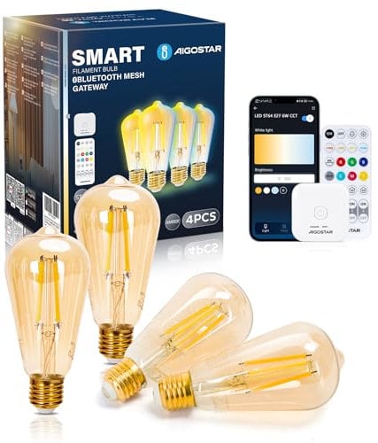 Aigostar E27 Smart Bluetooth Mesh Bulb 6W, Vintage Edison Dimmable Filament Bulb with 2700K-6500K Color, Compatible with Alexa, Google Home with Gateway(2.4GHZWifi) Pack of 4 ST64