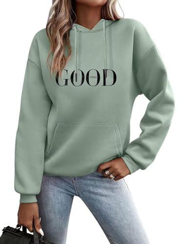 Minetom Kapuzenpullover Damen Hoodie Sweatshirt mit Kapuze Langarmshirt Pulli Oberteile Herbst Winter Frauen Briefe Drucken Freizeit Sport Fitness Outdoor Casual Style D Grün XL