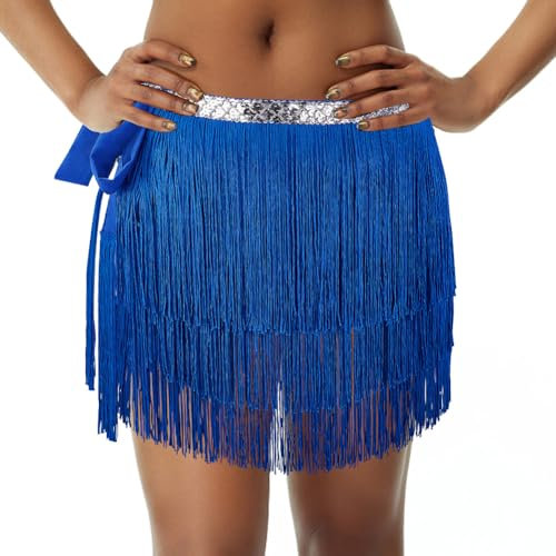 AHANDMAKER Bauchtanzrock Mit Quasten Für Damen, Blue Dance Kurzer Bauchtanz-Hüftschal, Polyester-Pailletten-Quastenrock, Modische Rave-Partyröcke Für Halloween-Kostüme