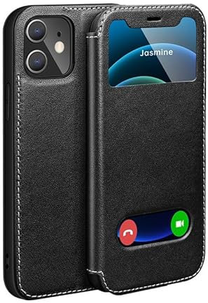 Yidai-Silu iPhone 15 Echtleder Hülle 【Sichtfenster, Standfunktion, Magnetverschluss】 Flip Case Schutz Tasche Etui Handy Cover Schutzhülle für Apple iPhone 15 - Schwarz