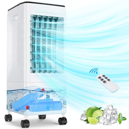 Aire Acondicionado Portátil, 3 en 1 Refrigerador de Aire Evaporativo, Oscillación, Temporizador 1-7H, Mando a Distancia, 3 Velocidades, 3 Neveras, Potencia 60W, 5,5 L y Ruedas Universales
